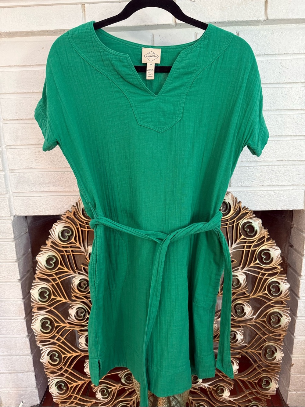 Vibrant Green Short-Sleeve 100% Belted Dress, St. John’s Bay, Side Pockets, XS